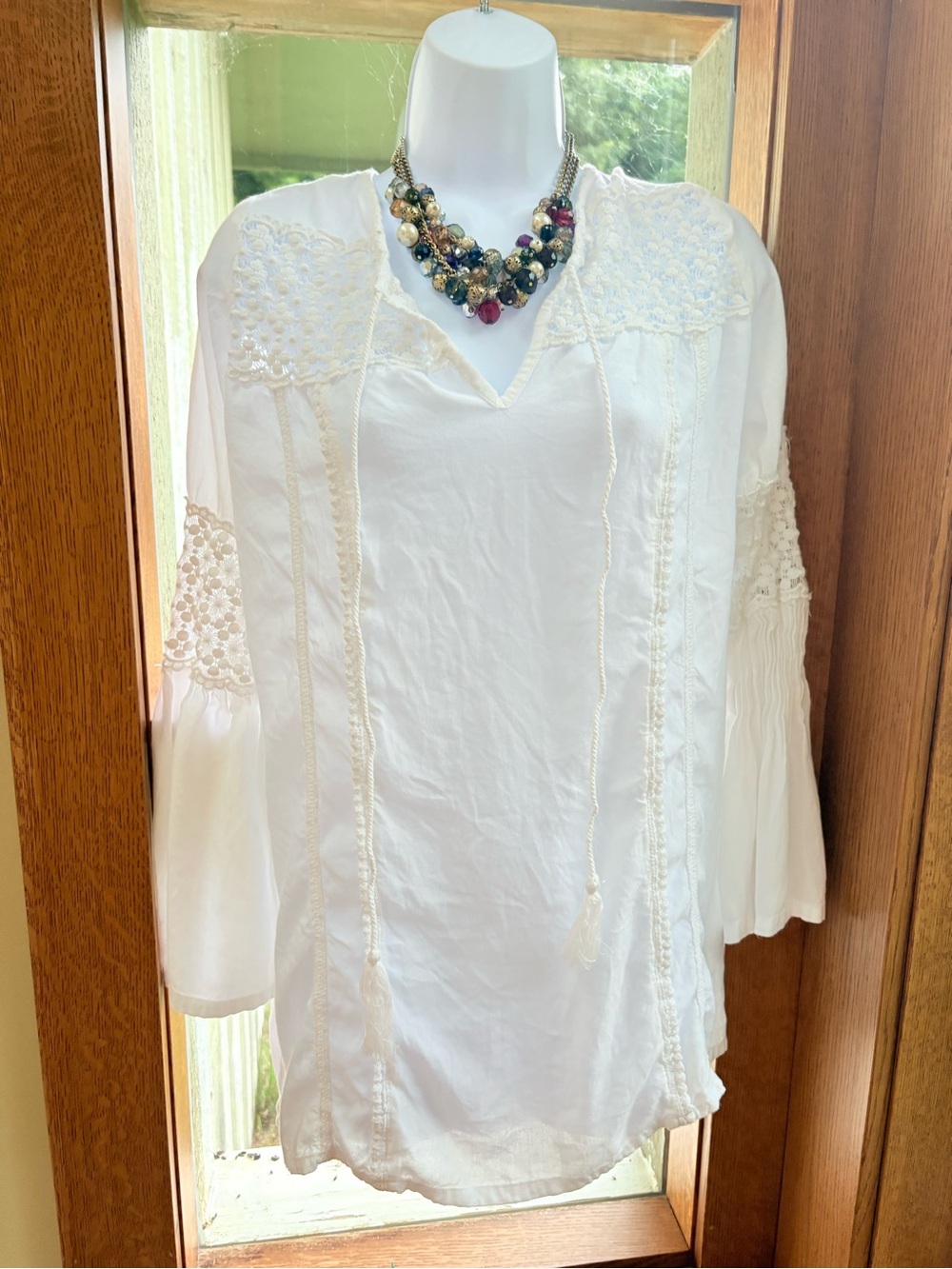 Raviya White Boho Tunic Blouse Lace Tassel Tie Medium Long Sleeve